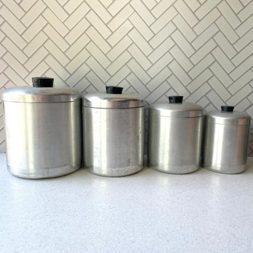 1950s Vintage Spun Aluminum Kitchen Canister Set of 4 Nesting Art Deco MCM